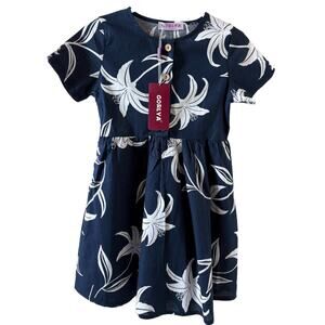 GORLYA SS Button Up Casual Linen Blend Midi Navy Dress Pockets size 6 New